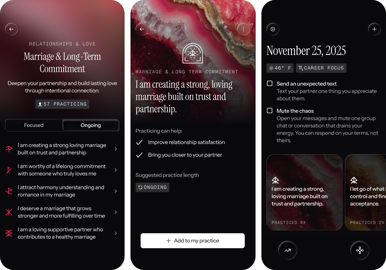 Topic screen, individual affirmation, and today (post-practice)
