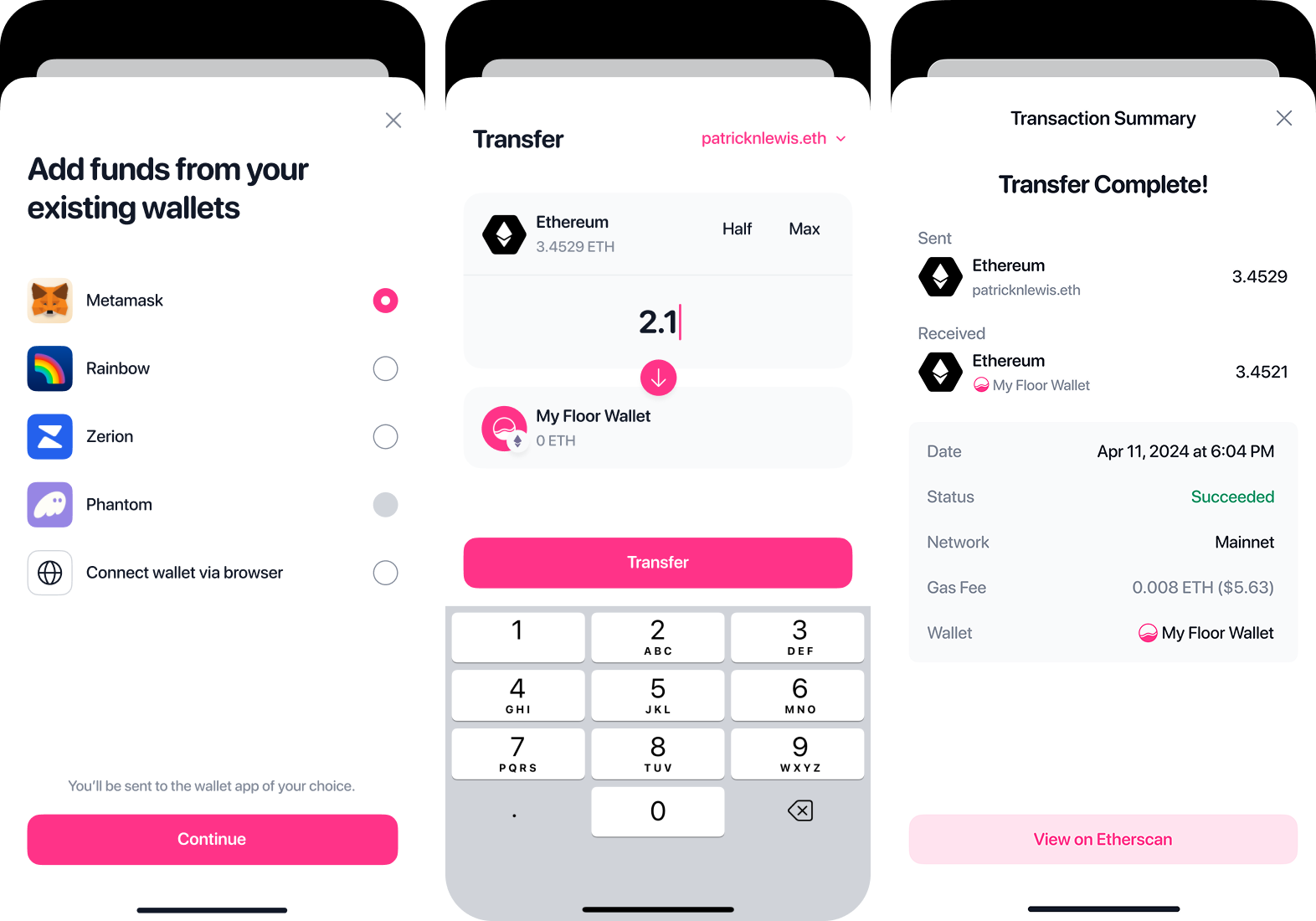 Select screens from the flow to fund a wallet