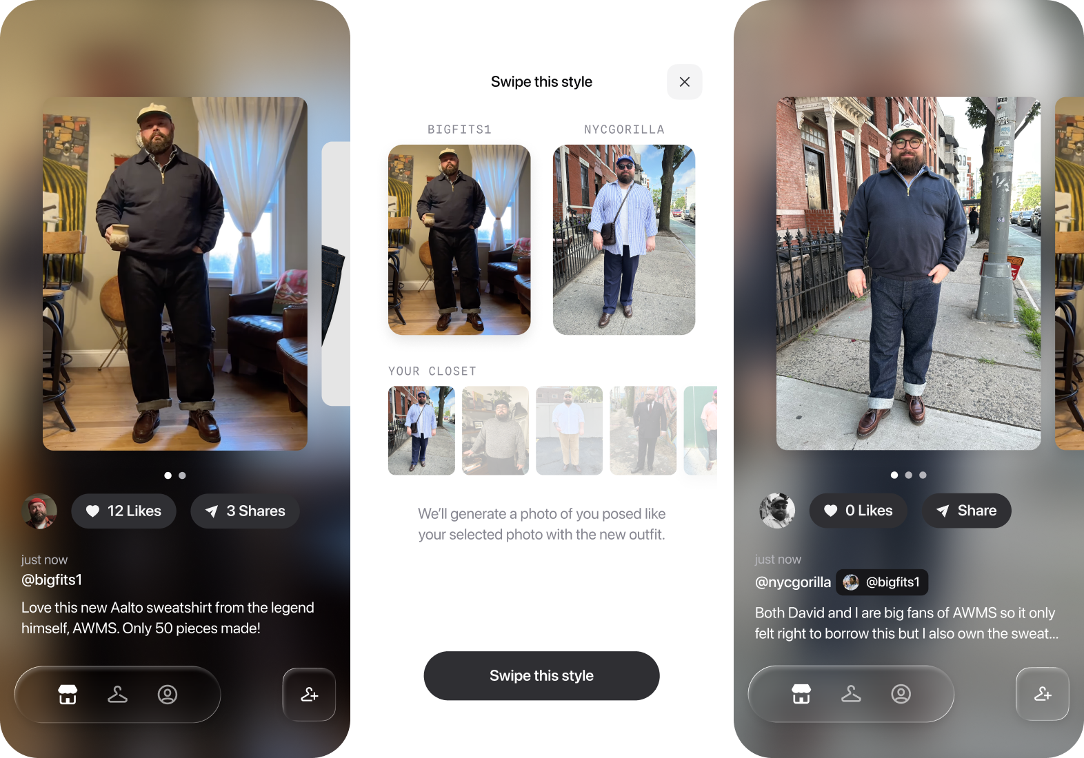 Swiping an outfit from other users in the feed